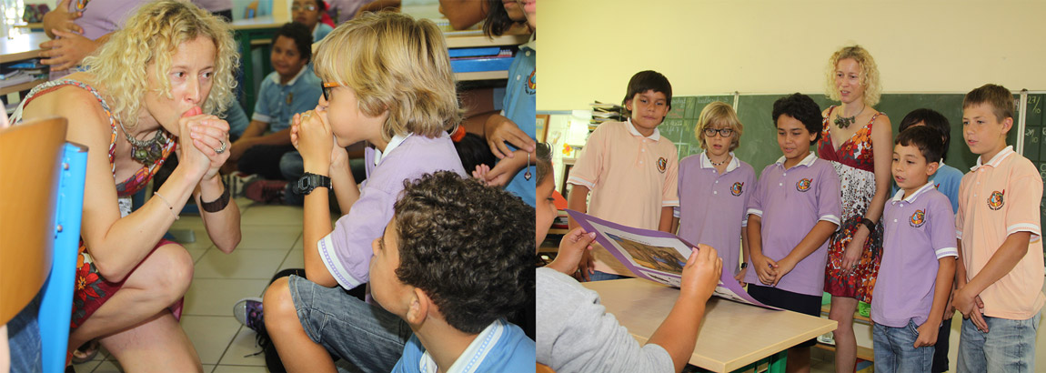 Charlotte fluit met de kinderen in  de klas als een uil.