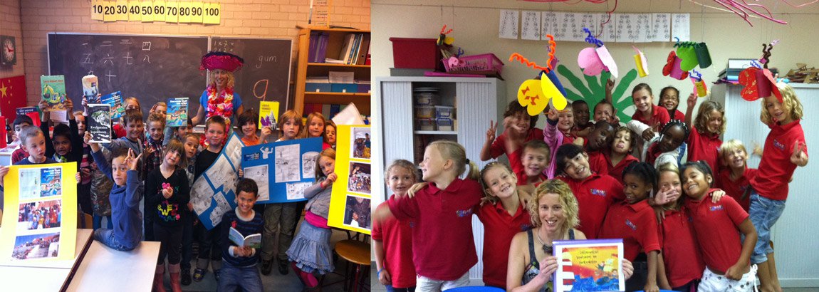 Charlotte in twee klassen. Er zijn vrolijke kinderen met mooie posters en boektitels.